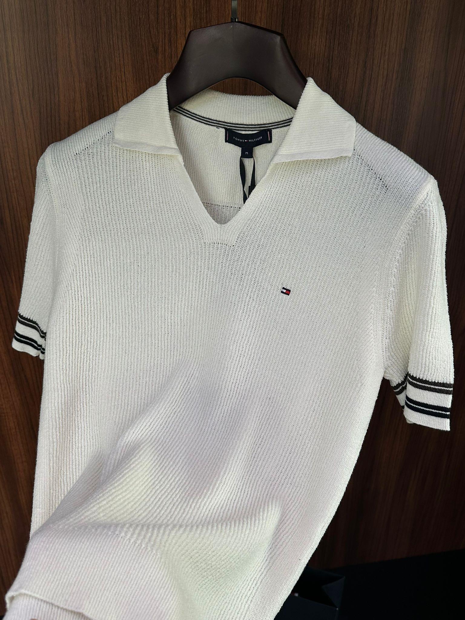 Nakış Logolu Kol Şerit Çizgili Örme Triko T-Shirt