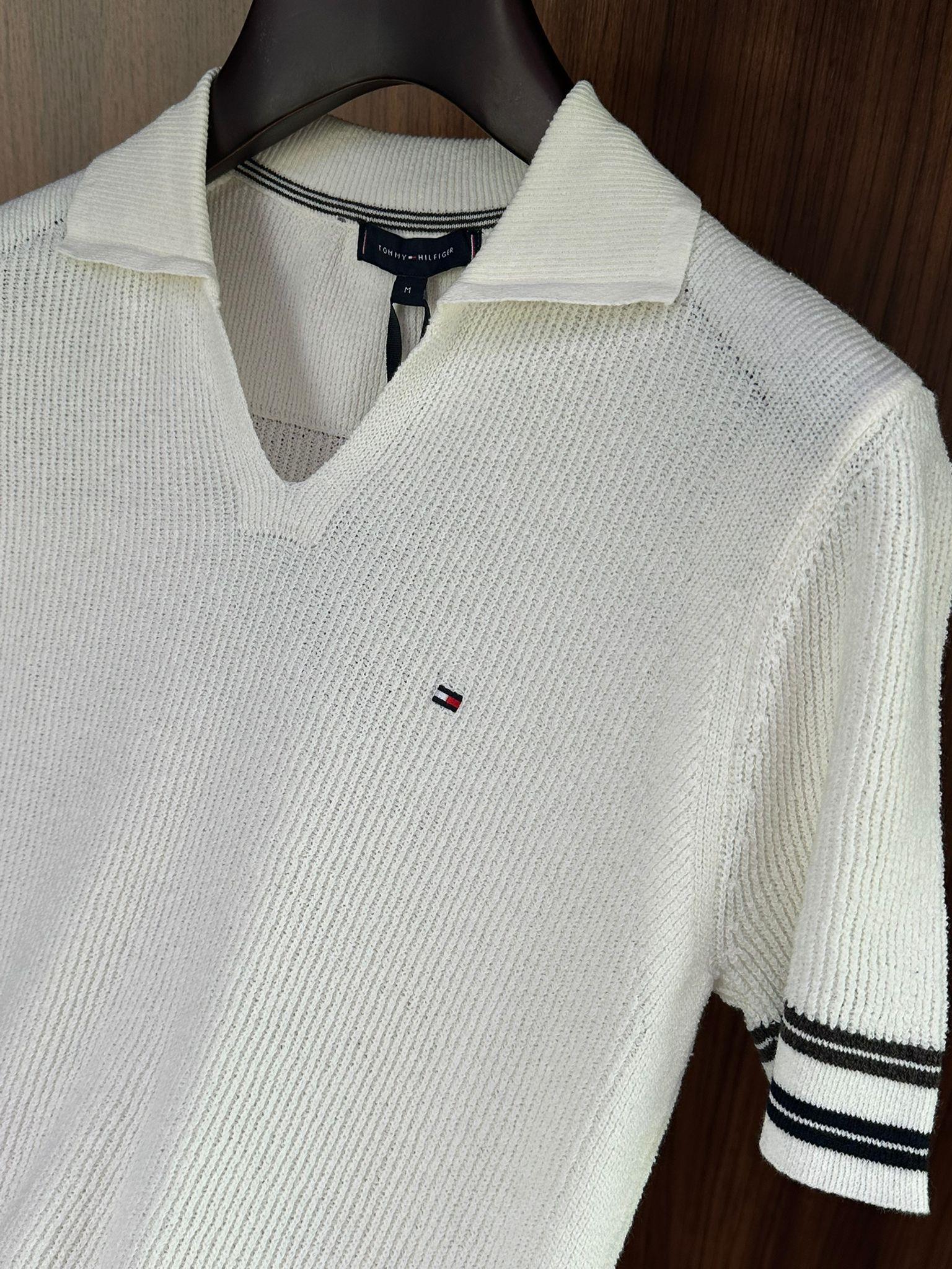 Nakış Logolu Kol Şerit Çizgili Örme Triko T-Shirt