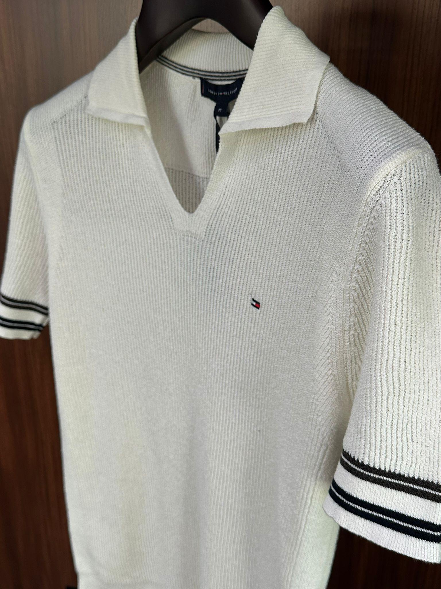 Nakış Logolu Kol Şerit Çizgili Örme Triko T-Shirt