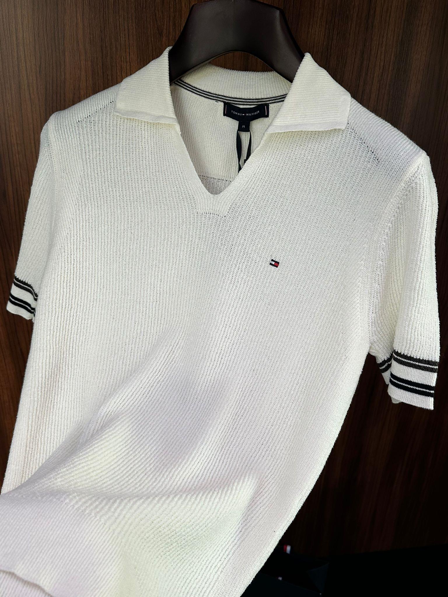 Nakış Logolu Kol Şerit Çizgili Örme Triko T-Shirt