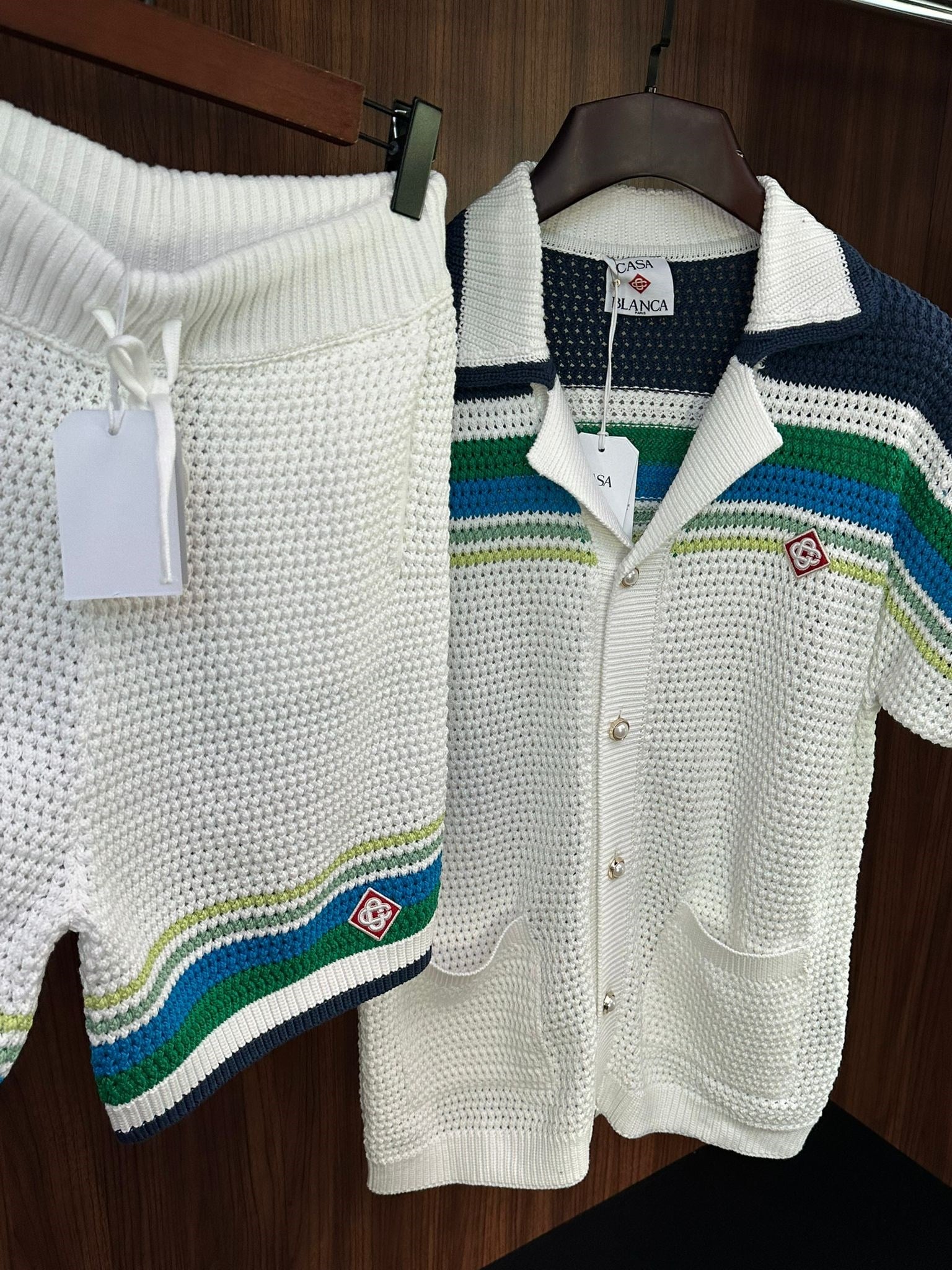 Stripe Sleeve Örme Şort Takım