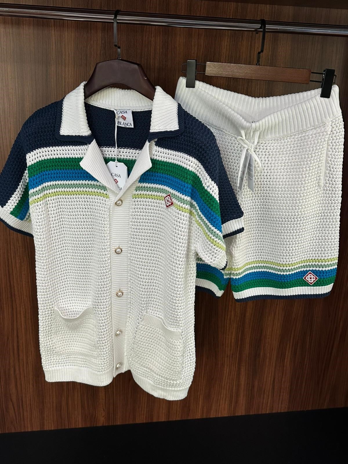 Stripe Sleeve Örme Şort Takım