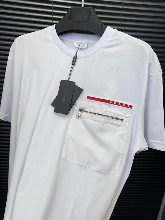 Cep Detaylı Silikon Armalı Basic T-Shirt - Beyaz