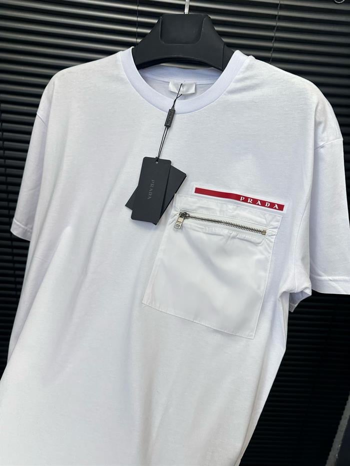 Cep Detaylı Silikon Armalı Basic T-Shirt - Beyaz