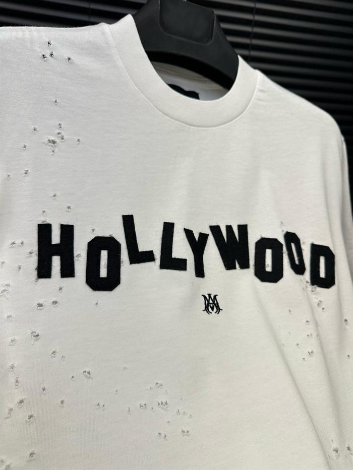 Hollywood Nakış Baskılı Yırtık Detaylı T-Shirt - Beyaz