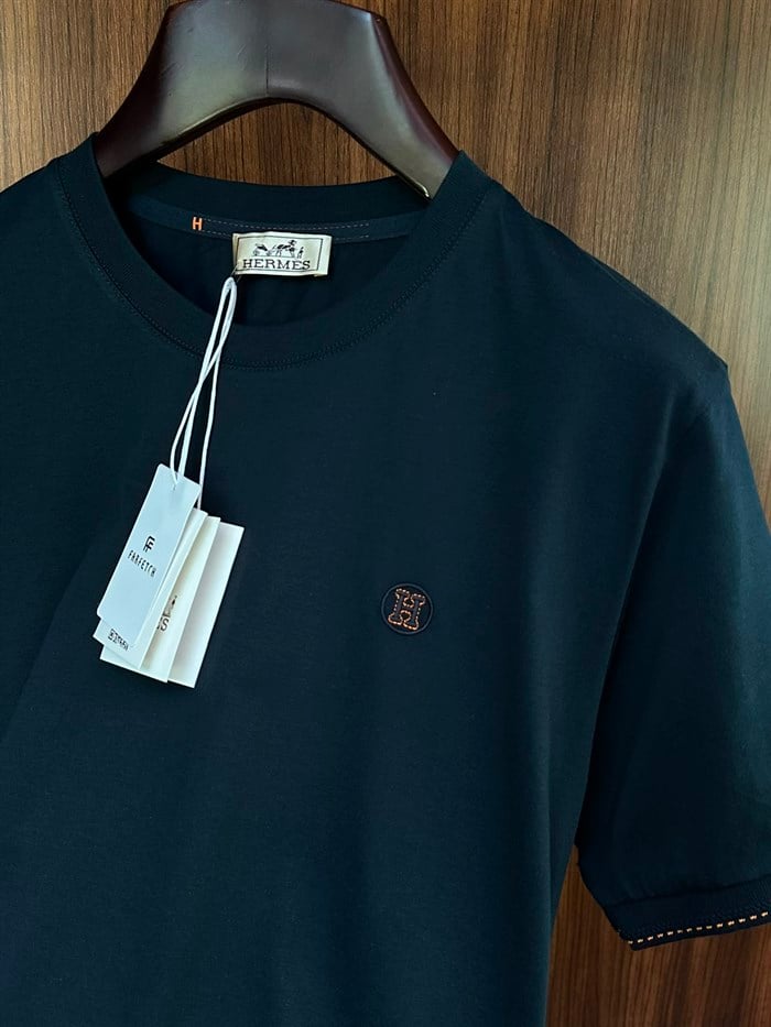 Nakış Logolu Bisiklet Yaka T-Shirt