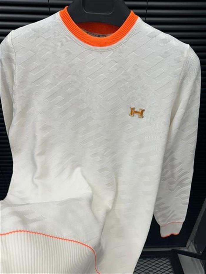 Metal Armalı Tonaton Desenli %100 Triko Kazak - Beyaz