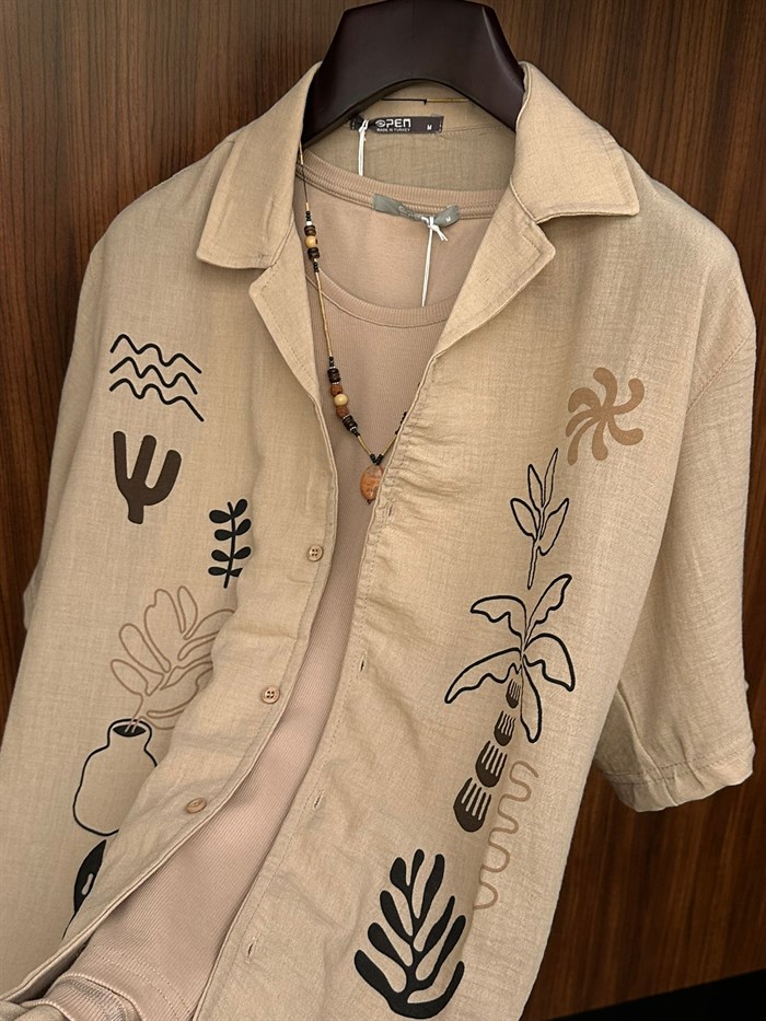 Çiçek Desenli %100 Cotton Kısa Kollu Gömlek