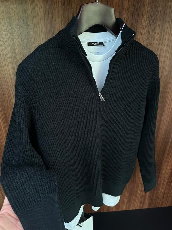 Pirinç Örgü Yarım Fermuarlı Kazak