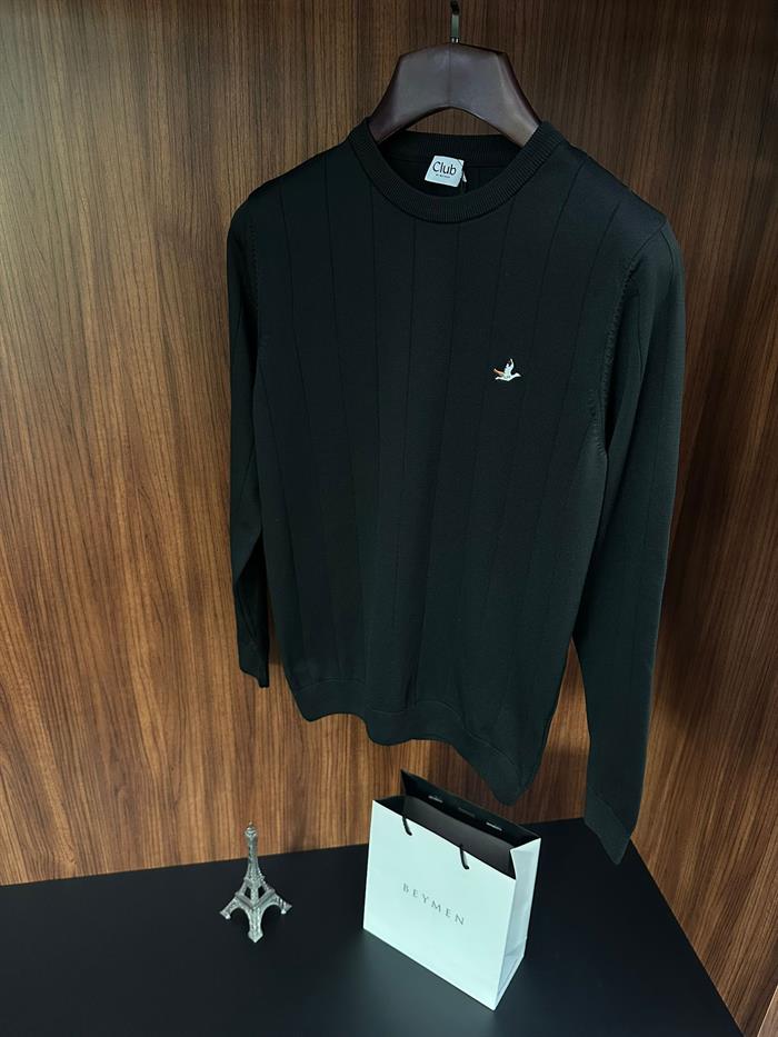 Şerit Detaylı Nakış Logolu Triko Kazak