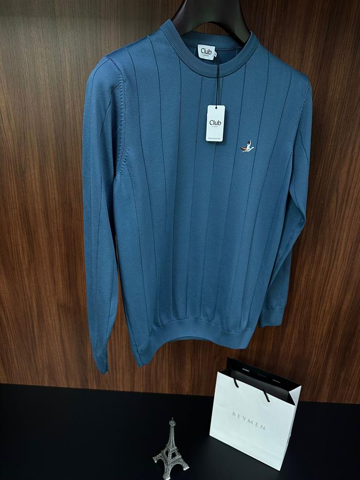 Şerit Detaylı Nakış Logolu Triko Kazak