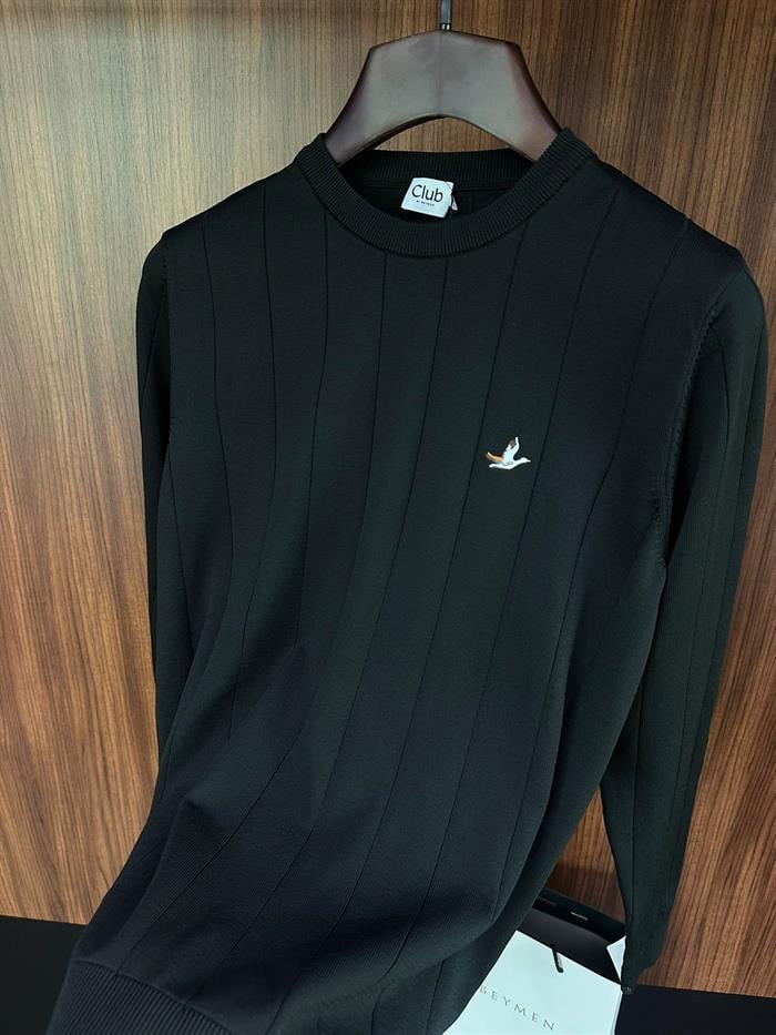 Şerit Detaylı Nakış Logolu Triko Kazak