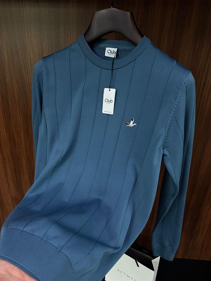 Şerit Detaylı Nakış Logolu Triko Kazak