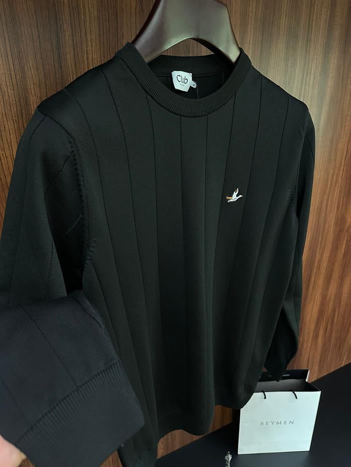 Şerit Detaylı Nakış Logolu Triko Kazak