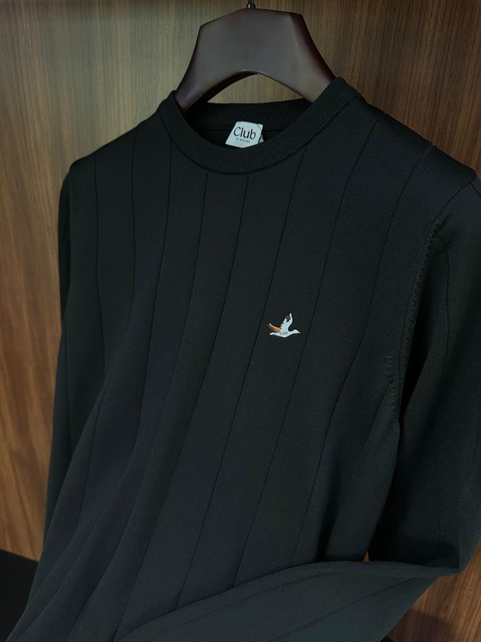 Şerit Detaylı Nakış Logolu Triko Kazak