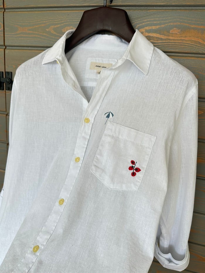 Nakış Logolu Cep Detaylı Yakalı Keten Gömlek