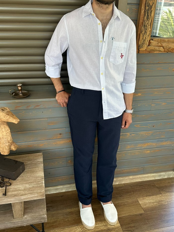 Nakış Logolu Cep Detaylı Yakalı Keten Gömlek