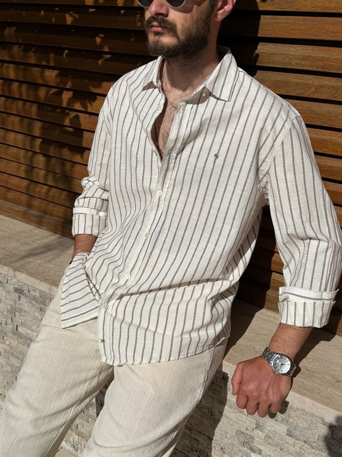 Nakış Logolu Çizgili Yakalı Keten Gömlek