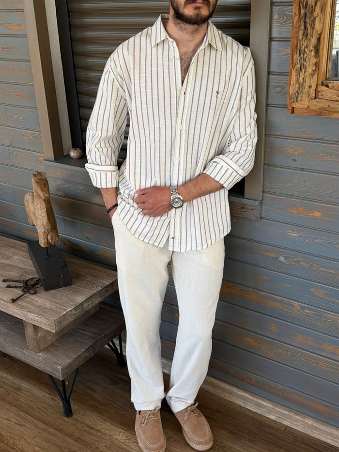 Nakış Logolu Çizgili Yakalı Keten Gömlek