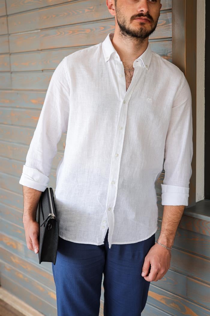 Nakış Logolu Keten Gömlek