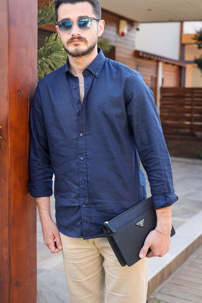 Nakış Logolu Keten Gömlek