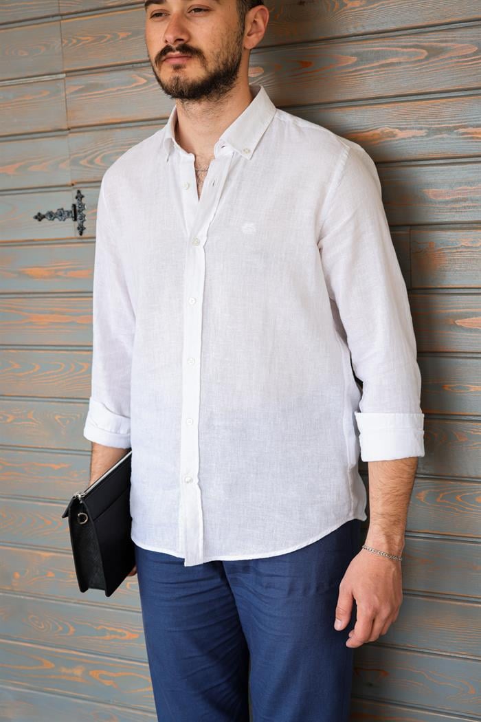 Nakış Logolu Keten Gömlek