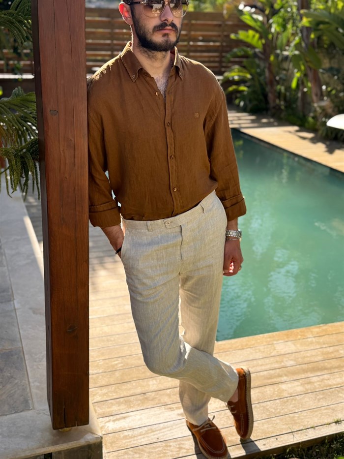 Tonaton Nakış Logolu %100 Saf Keten Gömlek