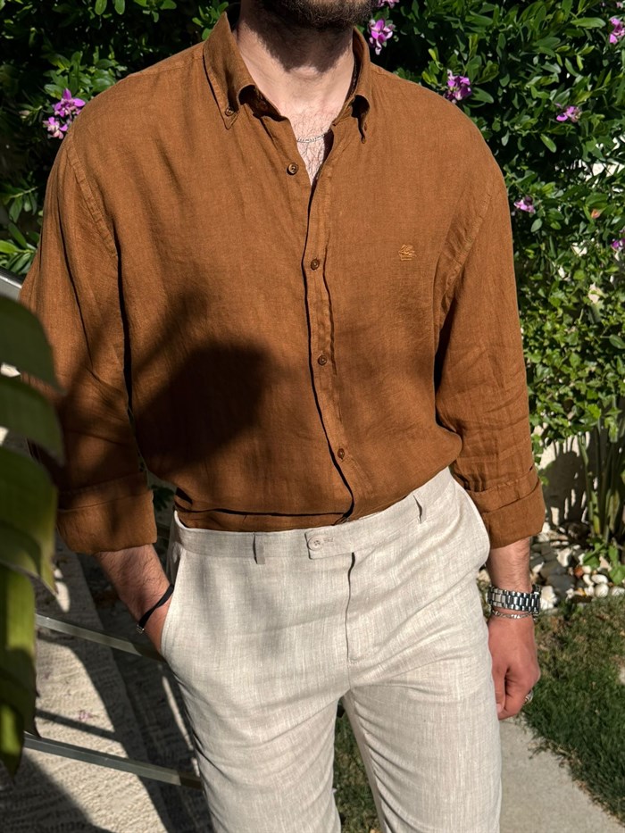 Tonaton Nakış Logolu %100 Saf Keten Gömlek