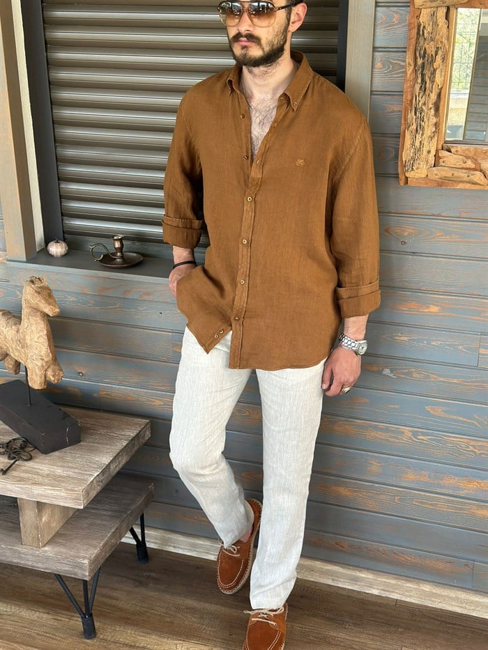 Tonaton Nakış Logolu %100 Saf Keten Gömlek