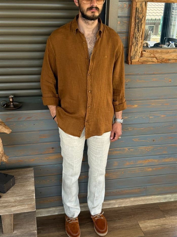 Tonaton Nakış Logolu %100 Saf Keten Gömlek