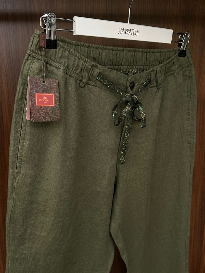 Etnik Desen Logo & İp Detaylı Keten Pantolon