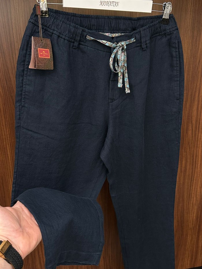 Etnik Desen Logo & İp Detaylı Keten Pantolon