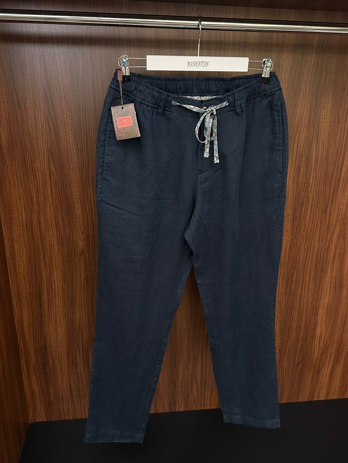 Etnik Desen Logo & İp Detaylı Keten Pantolon
