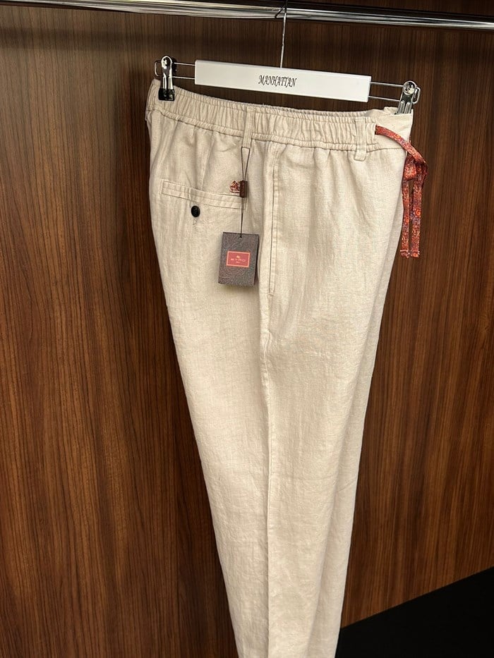 Etnik Desen Logo & İp Detaylı Keten Pantolon