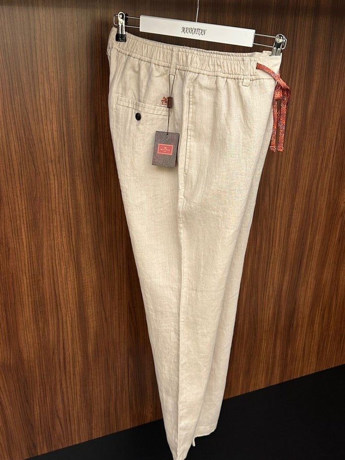 Etnik Desen Logo & İp Detaylı Keten Pantolon