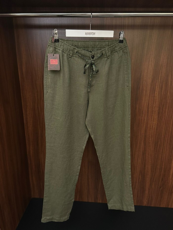 Etnik Desen Logo & İp Detaylı Keten Pantolon