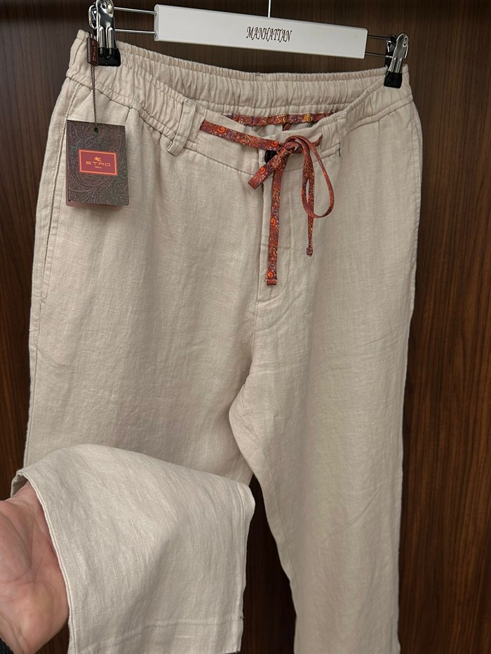 Etnik Desen Logo & İp Detaylı Keten Pantolon