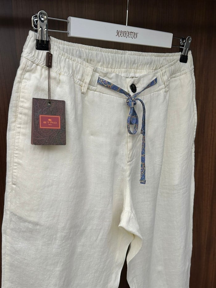 Etnik Desen Logo & İp Detaylı Keten Pantolon