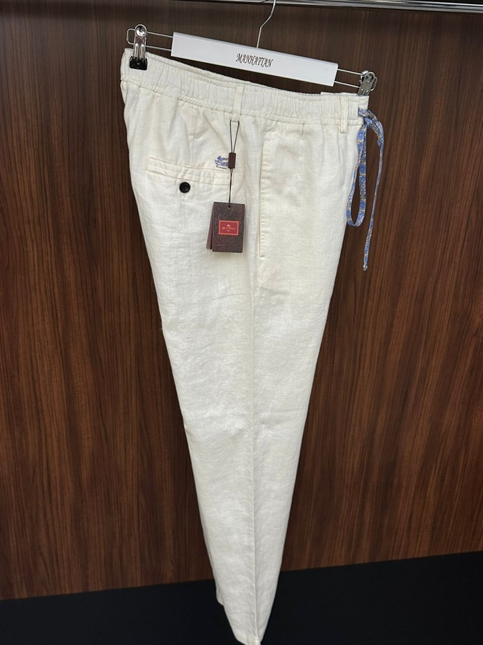 Etnik Desen Logo & İp Detaylı Keten Pantolon