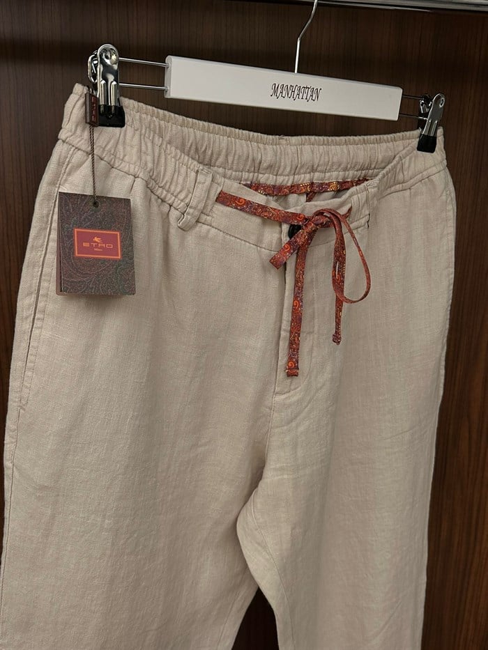 Etnik Desen Logo & İp Detaylı Keten Pantolon
