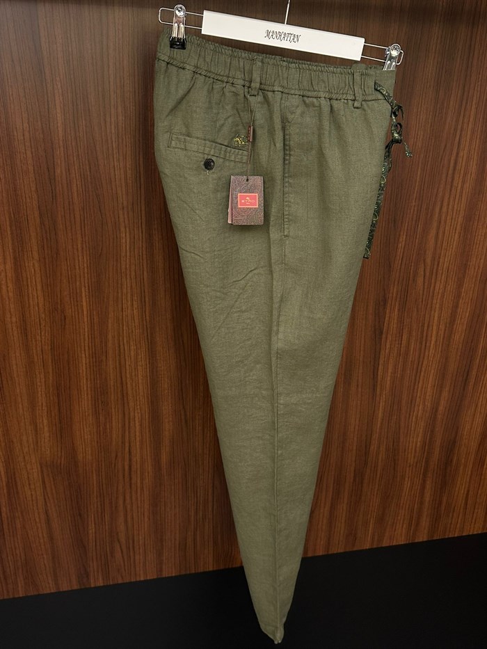 Etnik Desen Logo & İp Detaylı Keten Pantolon