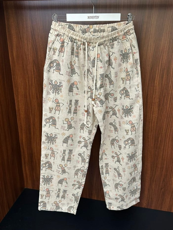 Etnik Desenli Keten Baggy Pantolon