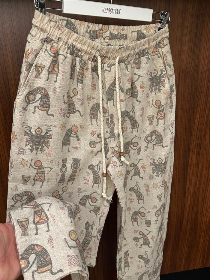 Etnik Desenli Keten Baggy Pantolon