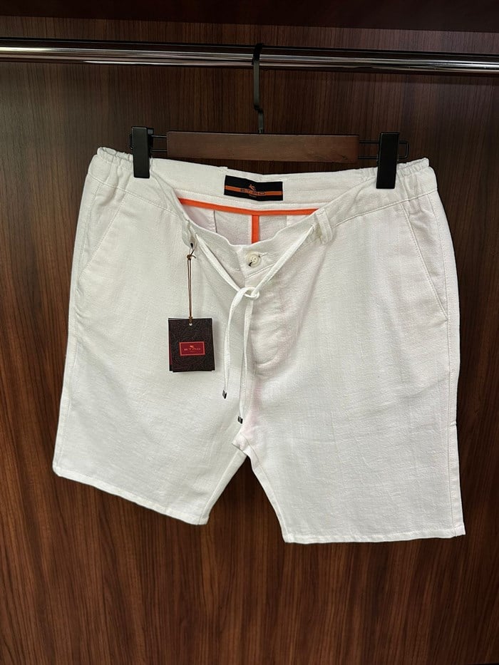 Arka Cep Marka Yazılı Keten Şort