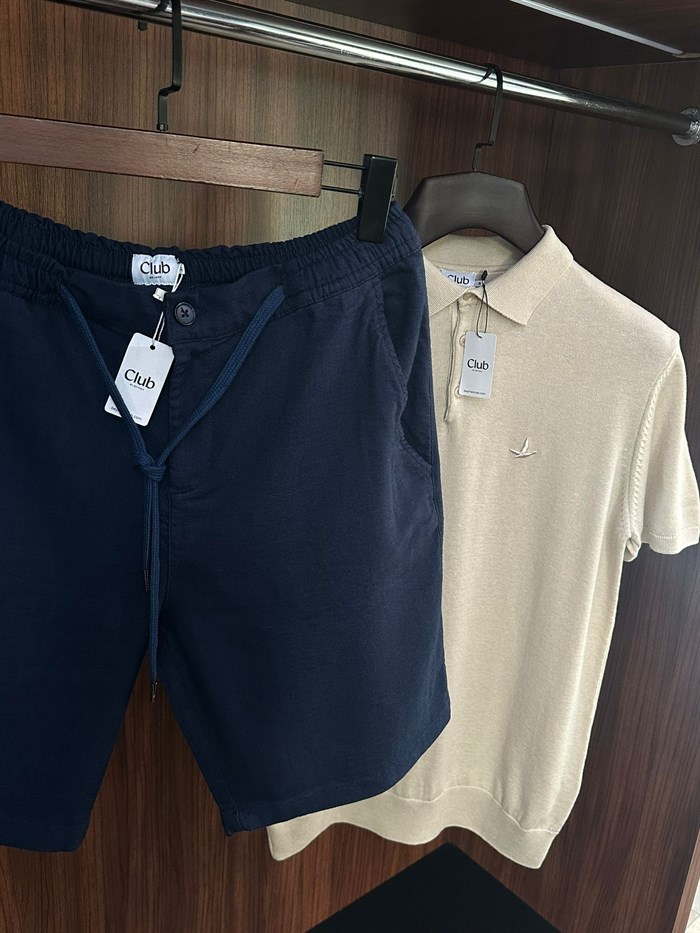 Nakış Logolu Beli Lastikli Keten Şort