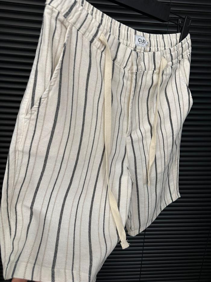 Bel Bağlamalı Çizgili Nakış Logolu Şort