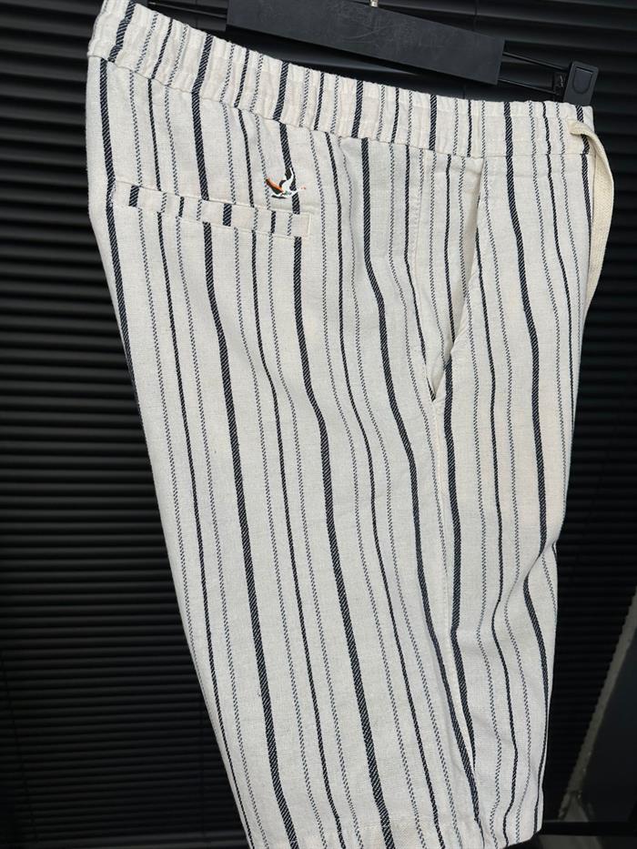 Bel Bağlamalı Çizgili Nakış Logolu Şort