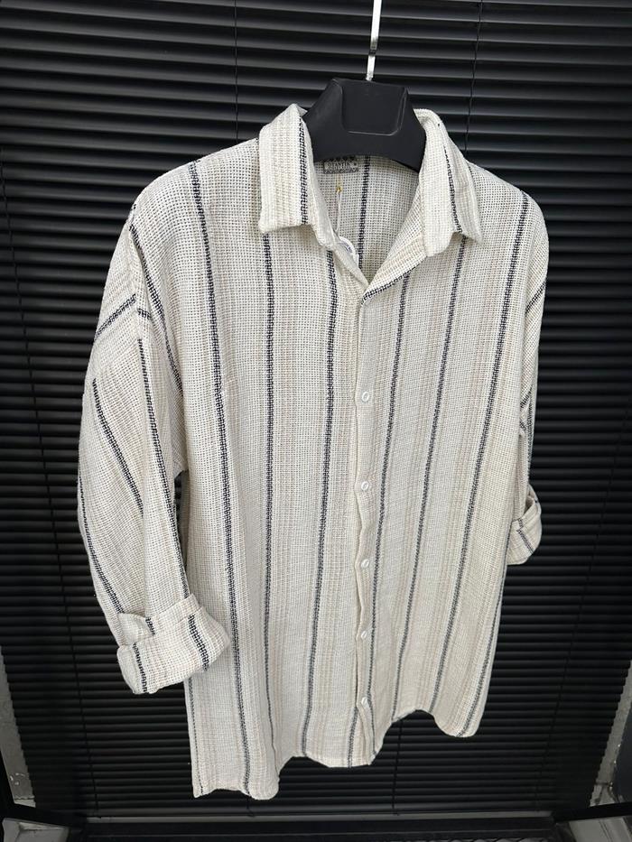 Çizgili Yakalı Keten Gömlek