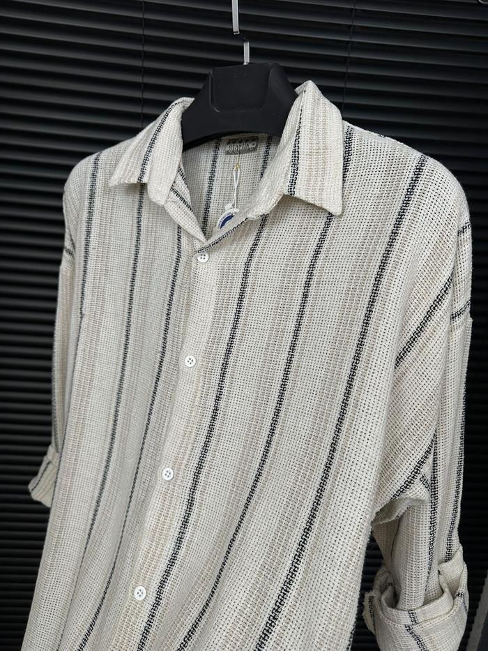 Çizgili Yakalı Keten Gömlek