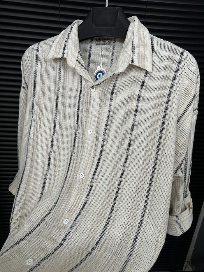 Çizgili Yakalı Keten Gömlek